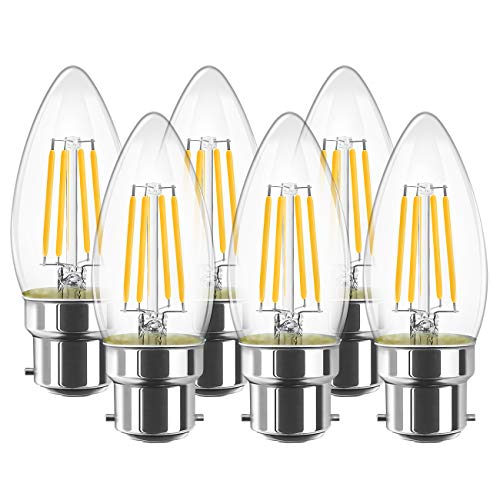 LVWIT 4W B22 Filament LED Edison Lampe C35, 2700K Warmweiß, Ersatz für 40W Glühlampe, ultrahell 470 lm, Rustikalampe in Kerzenform, Filamentstil klar (6er Pack) von LVWIT