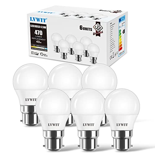 LVWIT B22 LED ersetzt 40W Glühlampen (6-er Pack), Kaltweiß 6500K, 5W G45 LED Leuchtmittel, 470lm, matt von LVWIT