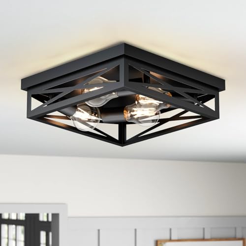 LVWIT Deckenleuchte Wohnzimmer Schwarz 4 Flammig E27 Industrial LED Deckenlampe Runde Küchenlampe Flurlampe Quadrat Metall Vintage Deckenpendelleuchte für Schlafzimmer, Bar, Cafe (Ohne Glühbirne) von LVWIT