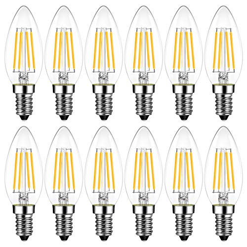 LVWIT E14 Kerze LED Lampe für Kronleuchter, 470 lm, 4W ersetzt 40 Watt, 2700K Warmweiß, Filament Fadenlampe, Glas, nicht dimmbar, 3 Jahre Garantie (12er Pack) von LVWIT