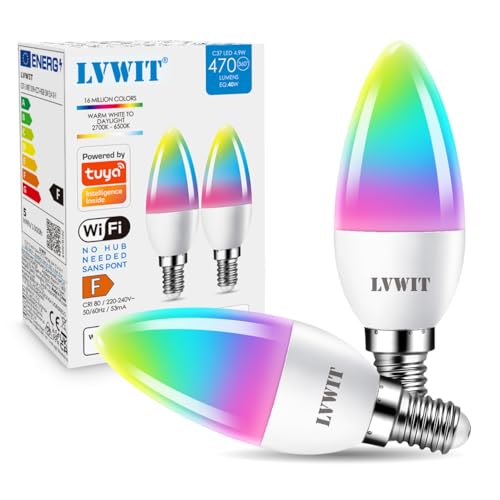 LVWIT E14 Smart LED Alexa Glühbirnen Dimmbar Wlan LED Lampe Smart E14 4.9W 470Lm, 2700-6500K, RGB 16 Millionen Farben, App Steuern Kompatibel mit Alexa/Google Home, Sprachsteuerung (2er Pack) von LVWIT