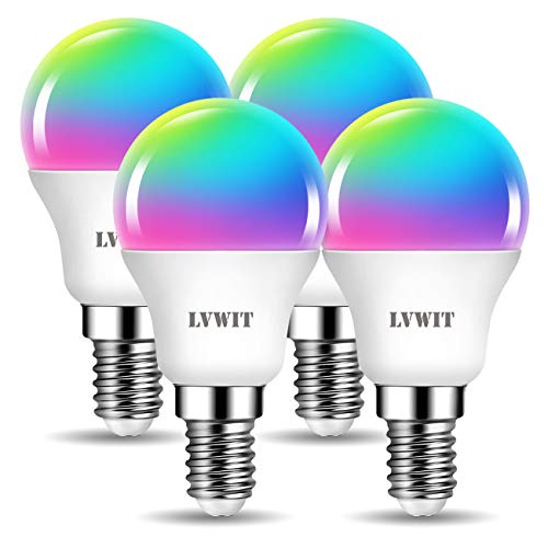 LVWIT E14 Wlan Bluetooth Lampe Alexa RGB, 5W ersetzt 40W, 470lm, WiFi Smart Birne G45, kompatibel mit Alexa, Echo and Google Assistant, dimmbar via Tuya App (4er Pack) von LVWIT