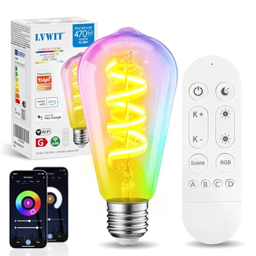 LVWIT E27 LED Lampe Smart WIFI Dimmbar Glühbirne 6.3W 470LM, ersetzt 40W Leuchtmittel, RGB 2700-6500K, via APP und von LVWIT