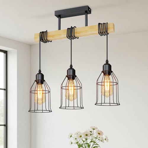 LVWIT Hängelampe 3 Flammig Esszimmer, Höhenverstellbar Esstisch Pendelleuchte E27, Hängeleuchte Esstischlampe Esszimmer, Holz Balkenpendelleuchte Wohnzimmer Küche Bar, Lampenschirme Gitteroptik von LVWIT
