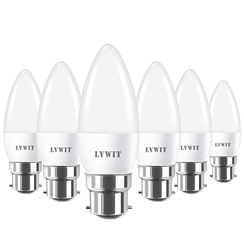 LVWIT Kerzen LED Lampe B22, 806 lm, 2700K Warmweiß, ersetzt 60 Watt, 6.5W LED Leuchtmittel in Kerzenform C37 (6er Pack) von LVWIT