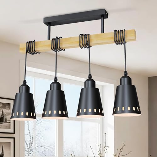 LVWIT Pendelleuchte Hängeleuchte 4 Flammig Schlafzimmer, E27 Deckenlampe Schwarz mit Holzbalken, Industrial Lampe Wohnzimmer, Esszimmerlampe, Lampe Flur, Hängelampe Esstisch Küchenlampe LVWIT Pendelleuchte Hängeleuchte 4 Flammig Schlafzimmer, E27 Deckenlampe Schwarz mit Holzbalken, Industrial Lampe Wohnzimmer, Esszimmerlampe, Lampe Flur, Hängelampe Esstisch Küchenlampe von LVWIT