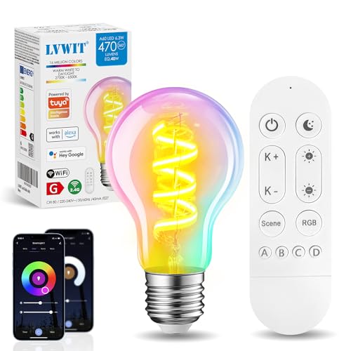 LVWIT Smart Glühbirne E27, 6.3W Filament A60 Edison, LED intelligente Birne 470lm, RGBCCT Dimmbar 2700-6500K, via APP und Fernbedienung steuerbar, 1er-Pack von LVWIT