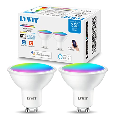 LVWIT Alexa Glühbirnen GU10, Wlan Alexa Smart Lampe, 4.9W Entspricht 35W, RGB+Warmweiß und Kaltweiß, Dimmbar per App oder Sprache, Kompatibel mit Alexa/Google Home, Kein Hub Benötig, 2 Pack von LVWIT