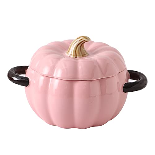 LVYUDS Dutch Oven mit Deckel 1.3 Quart Kürbis Keramik Suppentopf Doppelte Griffe Mikrowelle Ofen Kompatibel Geeignet für Schmoren Suppe Oder Nudel (Color : Pink) von LVYUDS