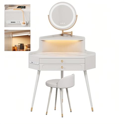 LVYWEX Eckfrisierkommode Mit Steckdose, Spiegel Und Stuhl, Teleskopkommode Mit 2 Schubladen Und LED-Sensorlicht, Weiß(Without Retractable Side Cabinet) von LVYWEX