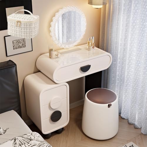 LVYWEX Frisiertisch, LED-Leuchten und Steckdose mit 4 Schubladen und Hocker für kleine Räume(50cm) von LVYWEX