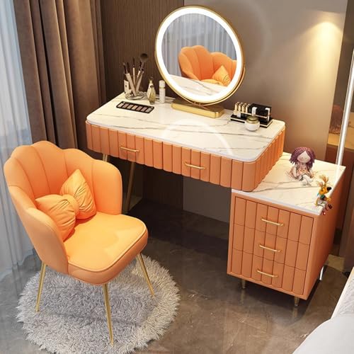LVYWEX Frisiertisch, Schminktisch mit Spiegel und Beleuchtung mit 5 Schubladen und Stuhl für Schlafzimmer und Wohnzimmer(Orange) von LVYWEX
