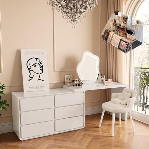 LVYWEX Schminktisch, Frisiertisch-Organizer, Teleskop-Kommode, Viel Stauraum Mit 6 Schubladen Und LED-Spiegel, Weiß 120 cm(with Chair,120+120cm) von LVYWEX