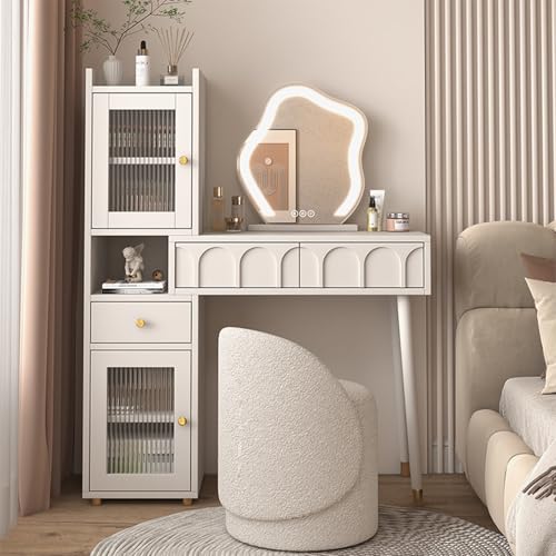 LVYWEX Schminktisch, Mit LED Beleuchtung Spiegel Modern Kosmetiktisch Aus Holz, Frisiertisch Hocker Schlafzimmer(100cm Table) von LVYWEX