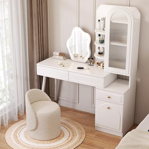 LVYWEX Schminktisch, Mit LED Beleuchtung Spiegel Modern Kosmetiktisch Aus Holz, Frisiertisch Hocker Schlafzimmer(with Stool) von LVYWEX