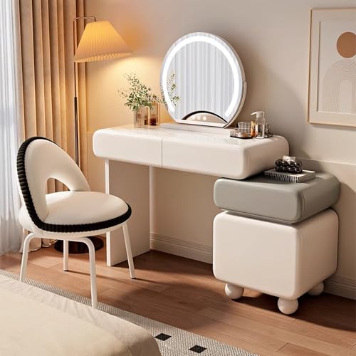 LVYWEX Schminktisch, mit LED-Beleuchtung Spiegel mit 4 Schubladen mit Stuhl Modernem Stil Weiß(Curved Moon Chair) von LVYWEX