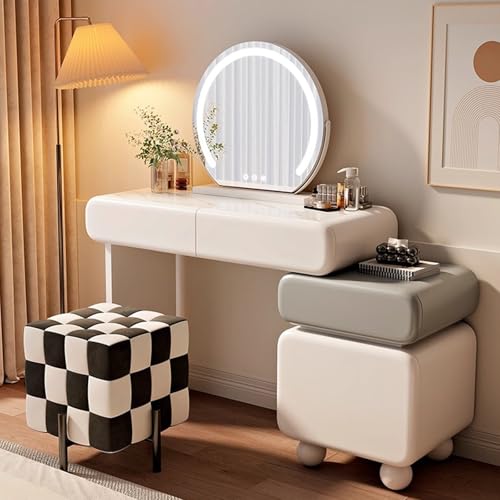 LVYWEX Schminktisch, mit LED-Beleuchtung Spiegel mit 4 Schubladen mit Stuhl Modernem Stil Weiß(Lattice Stool) von LVYWEX