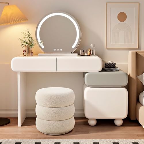 LVYWEX Schminktisch, mit LED-Beleuchtung Spiegel mit 4 Schubladen mit Stuhl Modernem Stil Weiß(Round Stool) von LVYWEX