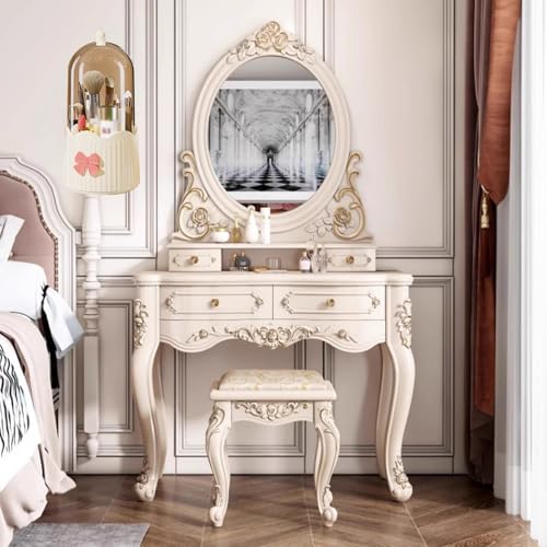 LVYWEX Schminktisch Im Europäischen Stil, Edler Schminktisch Aus Holz Im Vintage-Stil Mit Spiegel, Hocker, 2 Schubladen Und Einer Packung Schminkeimer(80cm) von LVYWEX