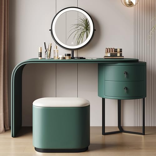 LVYWEX Schminktisch mit LED-Beleuchtung Spiegel, Modern Kosmetiktisch aus Holz, Frisiertisch Hocker Schlafzimmer(Black Edge,Emerald) von LVYWEX