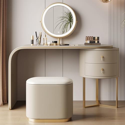 LVYWEX Schminktisch mit LED-Beleuchtung Spiegel, Modern Kosmetiktisch aus Holz, Frisiertisch Hocker Schlafzimmer(Gold Edge,Champagne) von LVYWEX