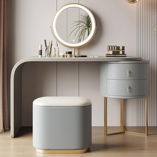 LVYWEX Schminktisch mit LED-Beleuchtung Spiegel, Modern Kosmetiktisch aus Holz, Frisiertisch Hocker Schlafzimmer(Gold Edge,Light Grey) von LVYWEX