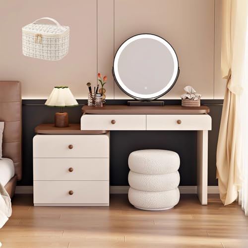 LVYWEX Schminktisch mit LED-Beleuchtung Spiegel mit Stuhl 5 Schubladen Modern Kosmetiktisch aus Holz(100cm) von LVYWEX