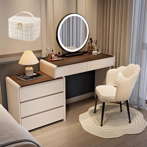 LVYWEX Schminktisch mit LED-Beleuchtung Spiegel mit Stuhl 5 Schubladen Modern Kosmetiktisch aus Holz von LVYWEX
