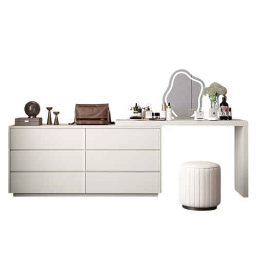 LVYWEX Vanity Table mit Einziehbarer & Drehbarer Verlängerter Tischplatte, Schmink Tisch mit 6 Schubladen, Holzfrisiertisch(0.8x1.2m) von LVYWEX