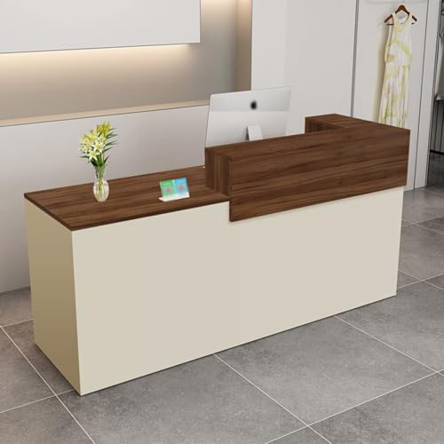 Modern Reception Desk,Computer Workstation,with Drawers and Open Shelves,Suitable for Salons, Offices, Lobbies, Retail Stores, and Home Offices(Brown+Beige/Left,87" W) von LVYWEX