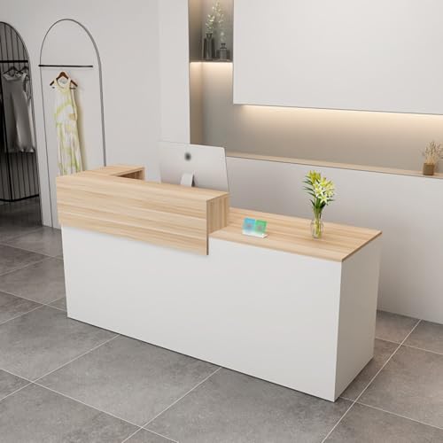 Modern Reception Desk,Computer Workstation,with Drawers and Open Shelves,Suitable for Salons, Offices, Lobbies, Retail Stores, and Home Offices(Wood Color+White/Right,79" W) von LVYWEX