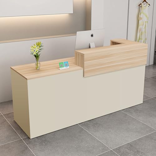 Modern Reception Desk,Computer Workstation,with Drawers and Open Shelves,Suitable for Salons, Offices, Lobbies, Retail Stores, and Home Offices(Wood Color+beige/Left,67" W) von LVYWEX