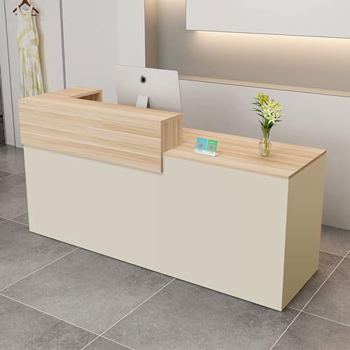 Modern Reception Desk,Computer Workstation,with Drawers and Open Shelves,Suitable for Salons, Offices, Lobbies, Retail Stores, and Home Offices(Wood Color+beige/Right,67" W) von LVYWEX
