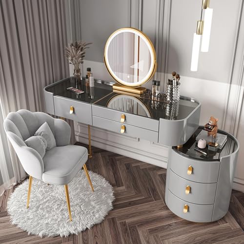 Schminktisch Mit LED-Beleuchtung Spiegel, Mit Schubladen Und Stuhl, Suitable for Bedroom and Living Room(Gray) von LVYWEX