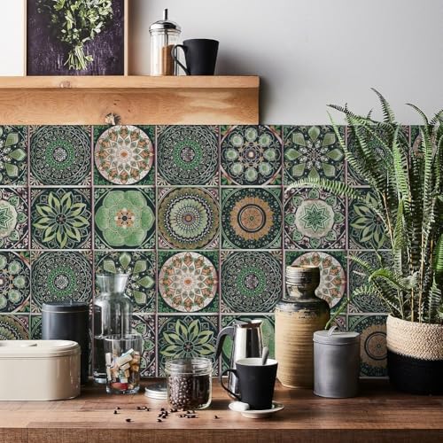 Dekorative PVC-Fliesenaufkleber, 24 Stück, Retro-Mandala-Designs für stilvolle Wanddekoration (15 cm) von LVYXON
