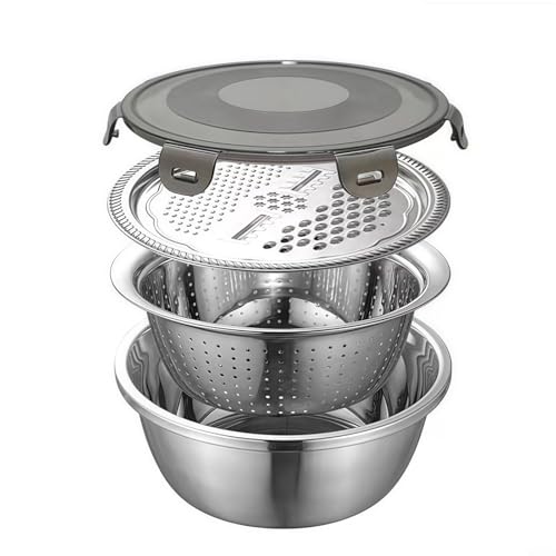 Edelstahl-Rührschüssel-Set, 4-teilig, Küchenabflussschüssel-Kollektion mit Reibedeckel und Silikonabdeckung, multifunktionaler Behälter für die Zubereitung von Lebensmitteln, für Gemüse, Reissieb von LVYXON