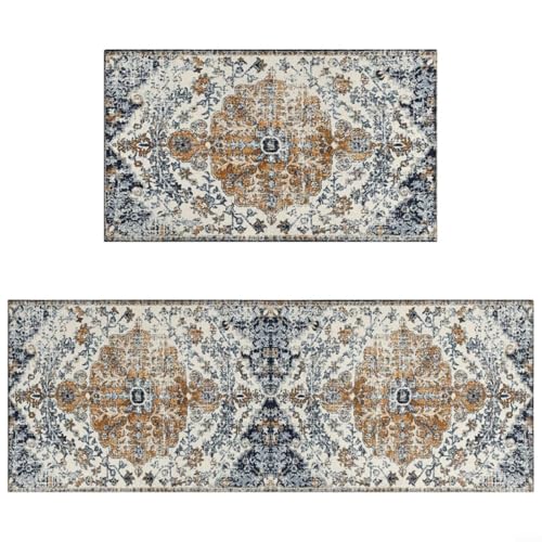 Gepolsterte Anti-Müdigkeit-Küchenteppiche, 2er-Set, rutschfeste wasserdichte Polyester-Matten, für Spüle und Herdbereich mit saugfähigem Design und buntem böhmischen Muster (Blauer Boho) von LVYXON