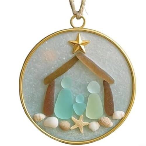 Jesus Geburt Weihnachten Ornament Küste Meer Glas Krippe mit Muscheln Seestern handgefertigt Acryl Strand Thema Urlaub Dekoration Blau 8 cm (B) von LVYXON