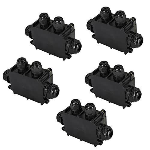 LVYXON 5er Set Wasserdicht Abzweigdose, 4 Wege Verbindungsdose, Junction Box, IP68 wasserdichte Verteilerdose Ø 4-9mm 9-12mm 12-15mm, 450V, 24A, Schwarz Außenverteilerdose Garten von LVYXON