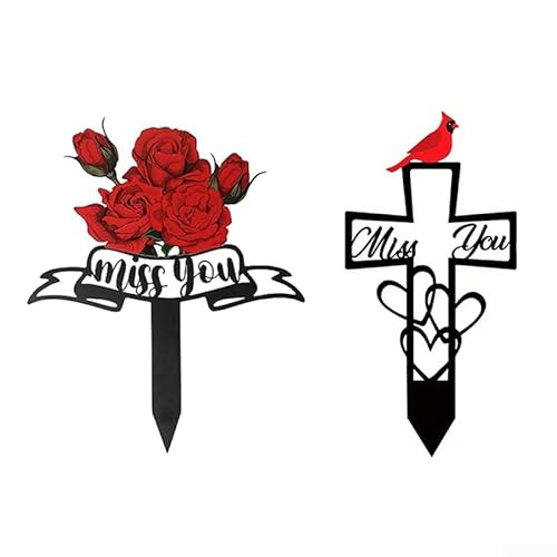 Metall Gartenmarker 2 Stück mit Kreuz und Rose Design für Outdoor Gedenkdekoration und Garten Gebrauch wetterfest von LVYXON