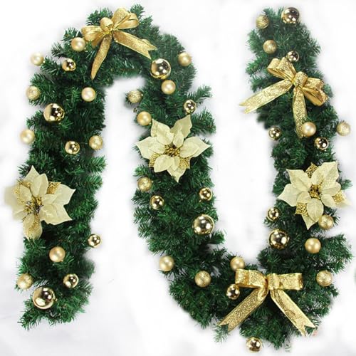 Weihnachtsgirlande mit Lichtern, lange Weihnachtsgirlanden für den Kamin, Weihnachtsanhänger aus Rattandekoration, für die Weihnachtsbaumdekoration an der Treppe oder der Haustür(Gold) von LVYXON