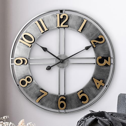 LW Collection Wanduhr Becka Grau Silber mit Goldenen Zahlen 60cm - Große industrielle Wanduhr Metall - Moderne Wanduhr - Leises Uhrwerk - Stille Uhr von LW Collection