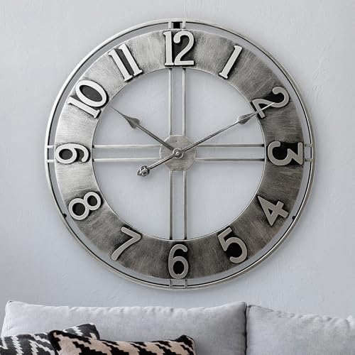 LW Collection Wanduhr Becka Grau Silber 60cm - Große industrielle Wanduhr Metall - Moderne Wanduhr - Leises Uhrwerk - Stille Uhr von LW Collection