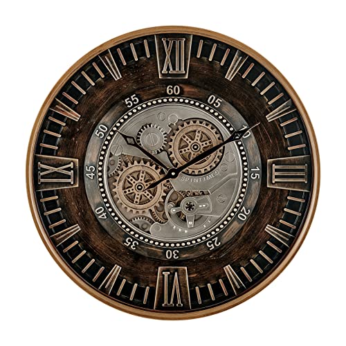 LW Collection Wanduhr Zayn Bronze Braun 59,5cm mit rotierenden Zahnrädern - Radar Wanduhr mit römischen Ziffern - Wanduhr mit beweglichen Wandrädern - Stille Uhr von LW Collection