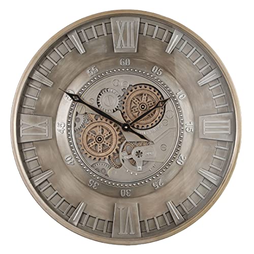 LW Collection Wanduhr Zayn Grau 59,5cm mit rotierenden Zahnrädern - Radar Wanduhr mit römischen Ziffern - Wanduhr mit beweglichen Wandrädern - Stille Uhr von LW Collection