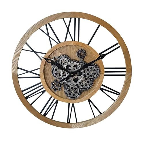 LW Collection Wanduhr mit drehenden Zahnrädern Ziggy braun 60cm - Radar Wanduhr mit römischen Ziffern Holz - Wanduhr mit beweglichen Wandrädern - Stille Uhr von LW Collection