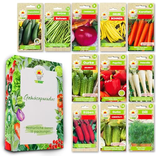 Gemüse Samen Set 11 Premium Sorten Gemüse, Saatgut für Gewächshaus, Garten, Balkon, Küche, Hochbeet, Zwiebel, Karotten, Zucchini, Anzuchtset Samen Gemüse Pflanzen von LW TORAF