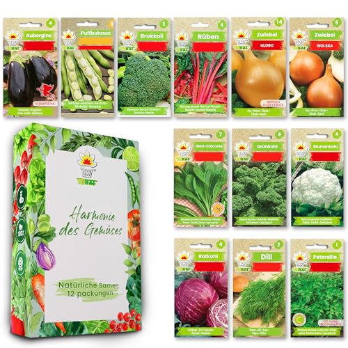 Gemüse Samen Set 12 Premium Sorten Gemüse, Saatgut für Gewächshaus, Garten, Balkon, Küche, Hochbeet, Aubergine, Blumenkohl, Dill, Zwiebel, Anzuchtset Samen Gemüse Pflanzen von LW TORAF