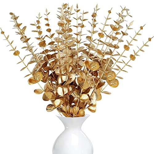 LWAIX Eukalyptus Künstlich Pflanze Deko 20Stk Künstliche Eukalyptuszweige Eukalyptus Pflanzen Blätter Für Hochzeitsfeiern Party Home Tischdeko Blumenarrangement (20, Golden) von LWAIX