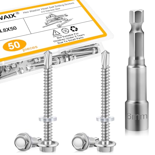 Trapezblechschrauben Spenglerschrauben mit Dichtscheibe 4.8×50 50Stk Selbstschneidende Schrauben Edelstahl Selbstschneidende Bohrschrauben Metalldachschrauben mit Unterlegscheibe Sechskant von LWAIX